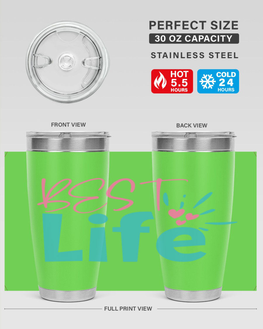 Best Life 355# Mom Tumbler in stainless steel with a vibrant design, showcasing its double wall vacuum insulation and drink-thru lid.