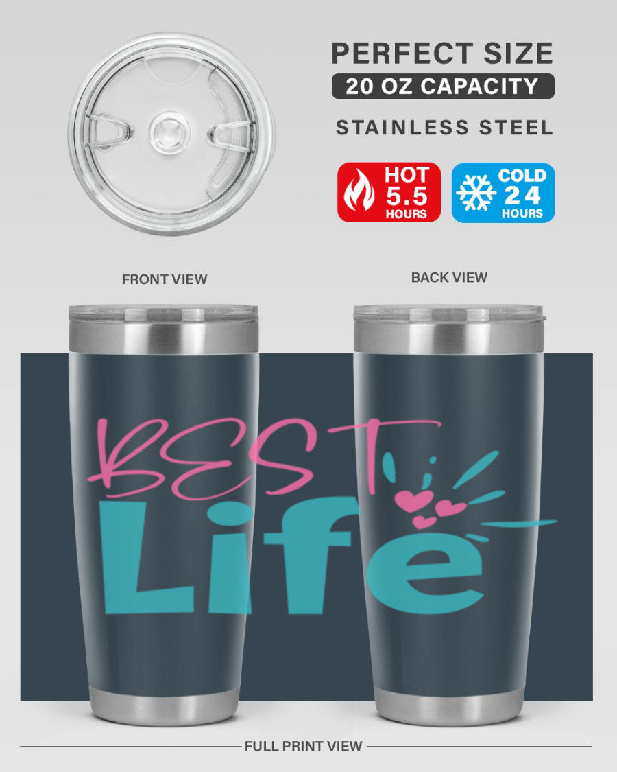 Best Life 355# Mom Tumbler in stainless steel with a vibrant design, showcasing its double wall vacuum insulation and drink-thru lid.