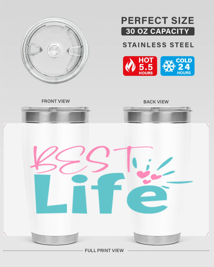 Best Life 355# Mom Tumbler in stainless steel with a vibrant design, showcasing its double wall vacuum insulation and drink-thru lid.