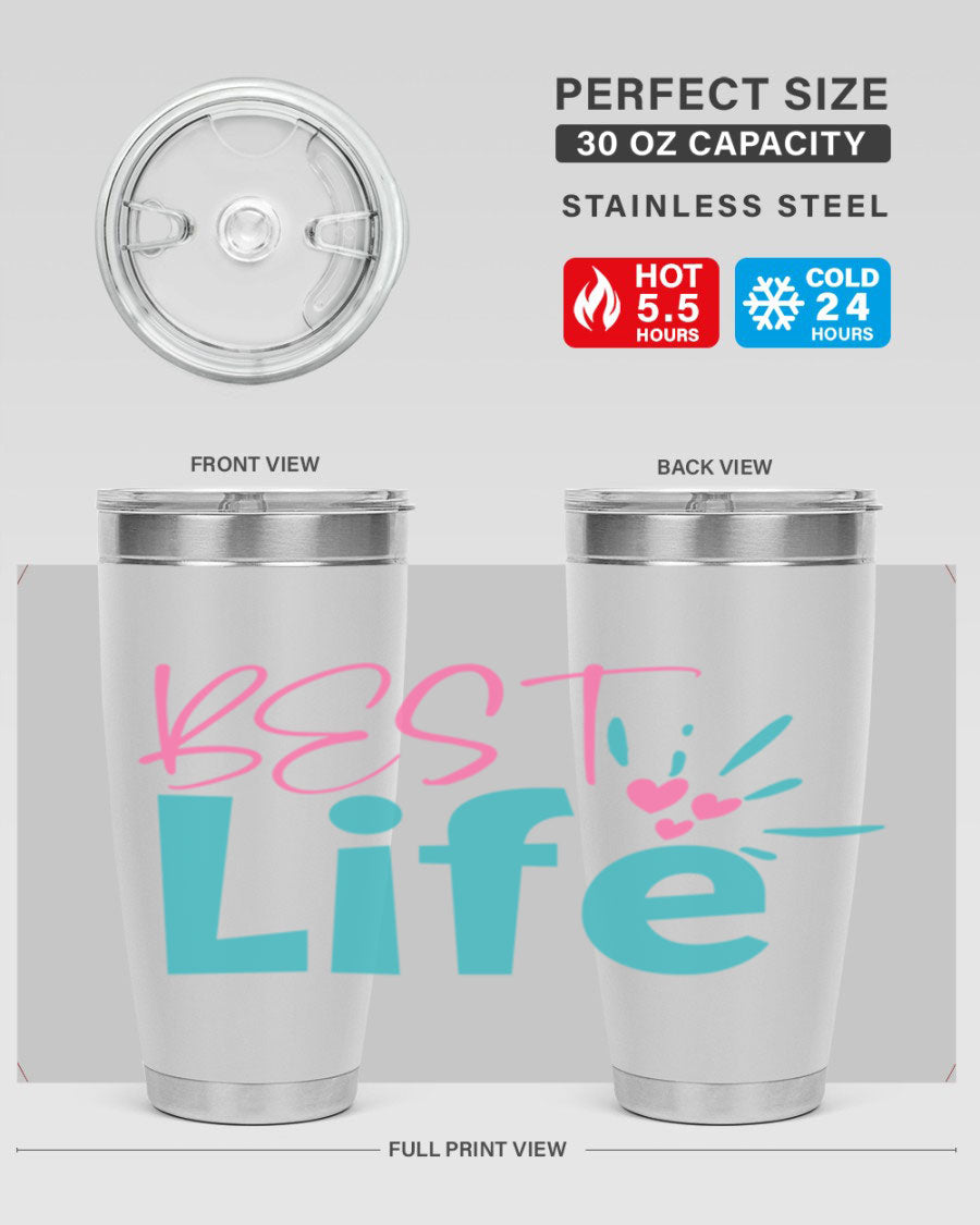 Best Life 355# Mom Tumbler in stainless steel with a vibrant design, showcasing its double wall vacuum insulation and drink-thru lid.