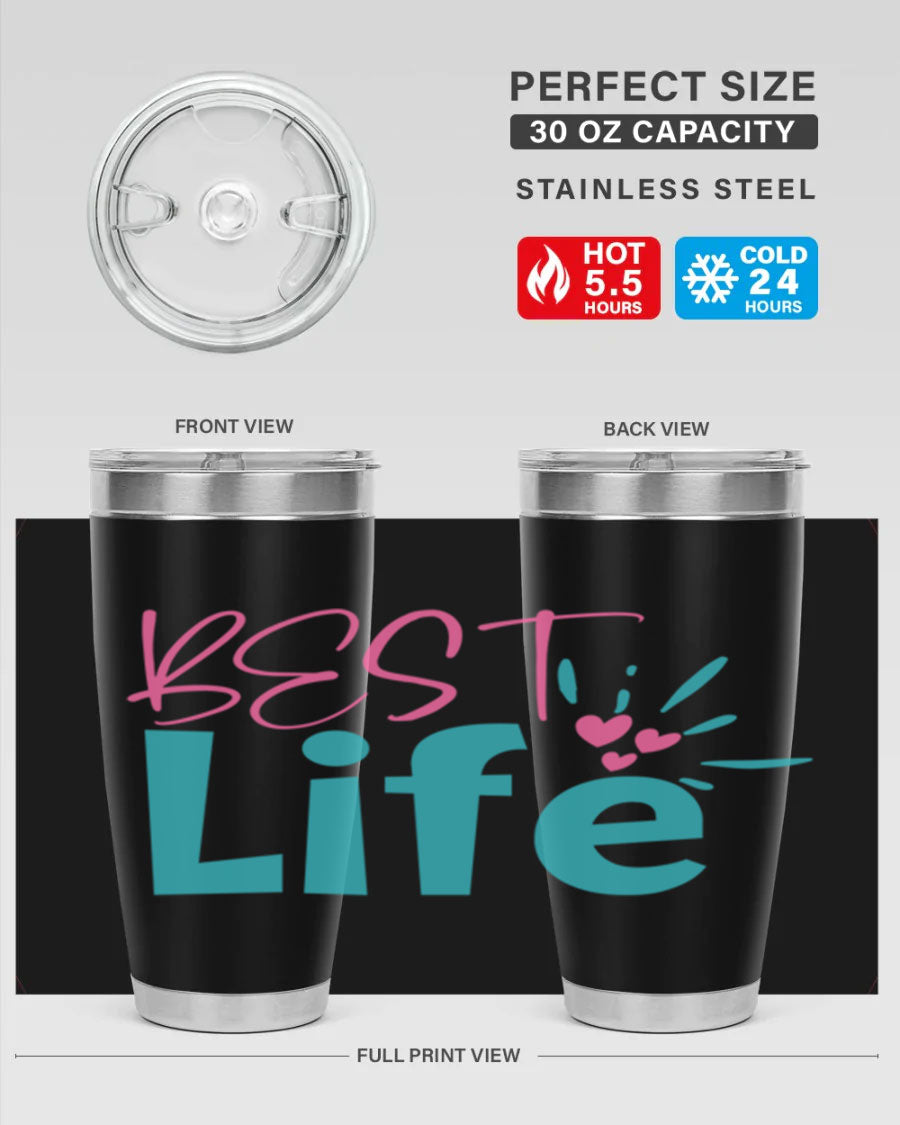 Best Life 355# Mom Tumbler in stainless steel with a vibrant design, showcasing its double wall vacuum insulation and drink-thru lid.