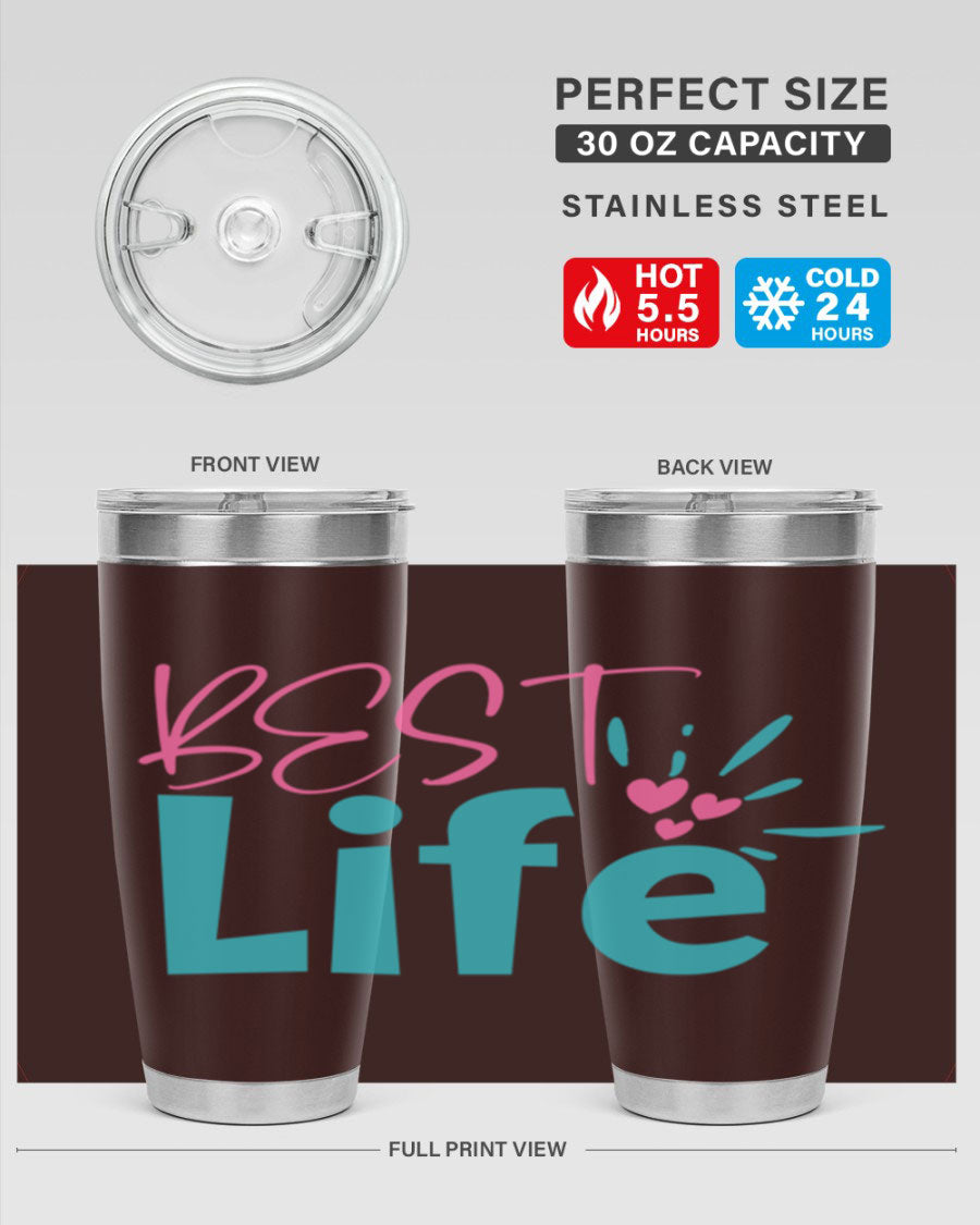 Best Life 355# Mom Tumbler in stainless steel with a vibrant design, showcasing its double wall vacuum insulation and drink-thru lid.