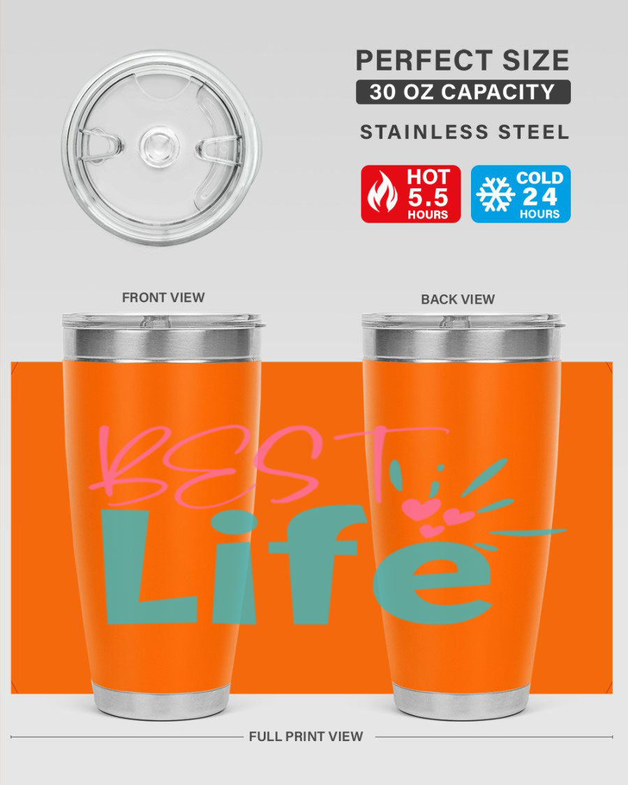 Best Life 355# Mom Tumbler in stainless steel with a vibrant design, showcasing its double wall vacuum insulation and drink-thru lid.