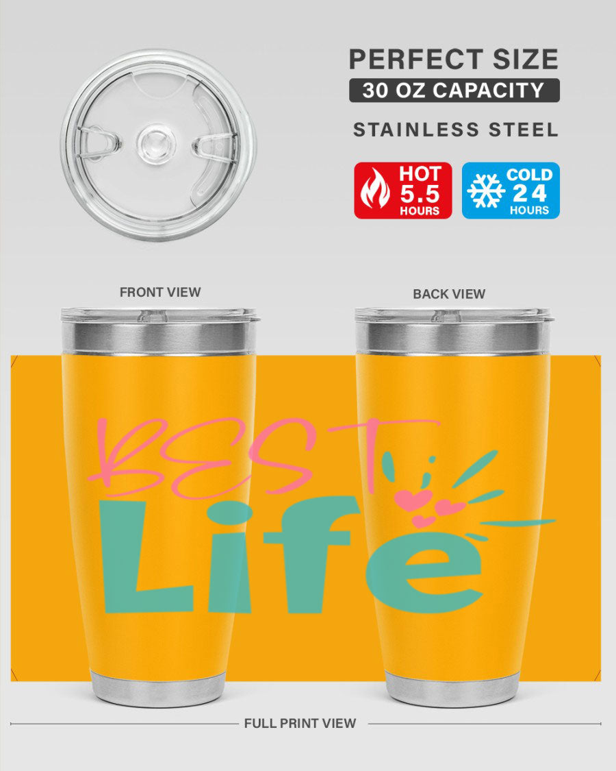 Best Life 355# Mom Tumbler in stainless steel with a vibrant design, showcasing its double wall vacuum insulation and drink-thru lid.