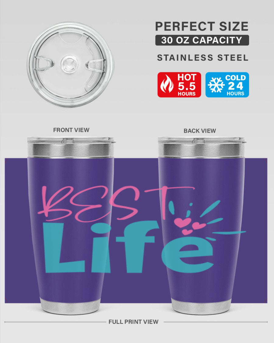 Best Life 355# Mom Tumbler in stainless steel with a vibrant design, showcasing its double wall vacuum insulation and drink-thru lid.