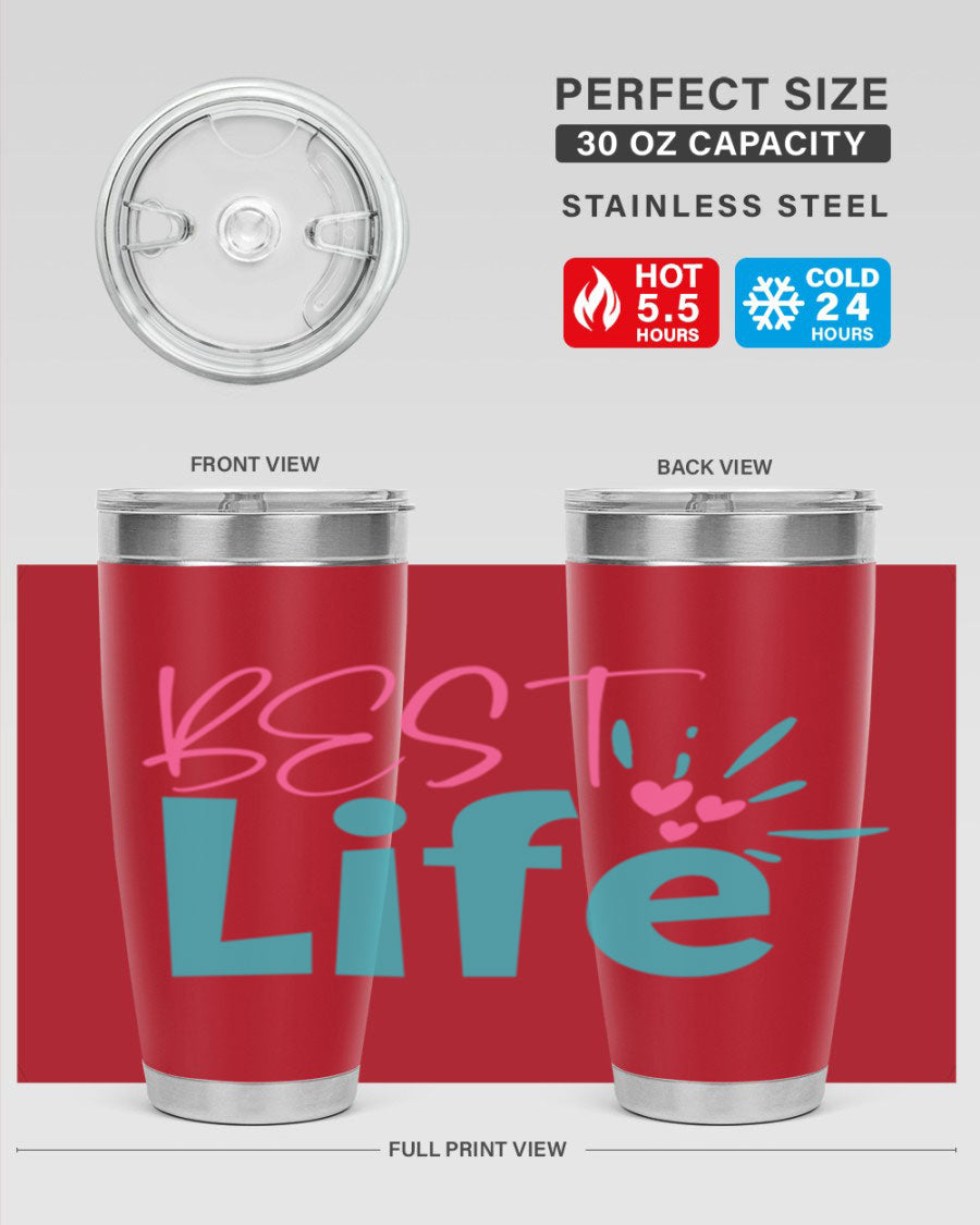 Best Life 355# Mom Tumbler in stainless steel with a vibrant design, showcasing its double wall vacuum insulation and drink-thru lid.