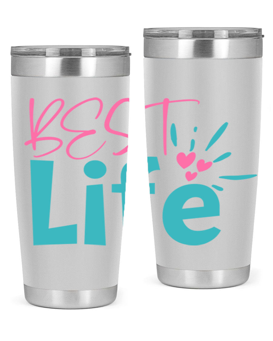 Best Life 355# Mom Tumbler in stainless steel with a vibrant design, showcasing its double wall vacuum insulation and drink-thru lid.