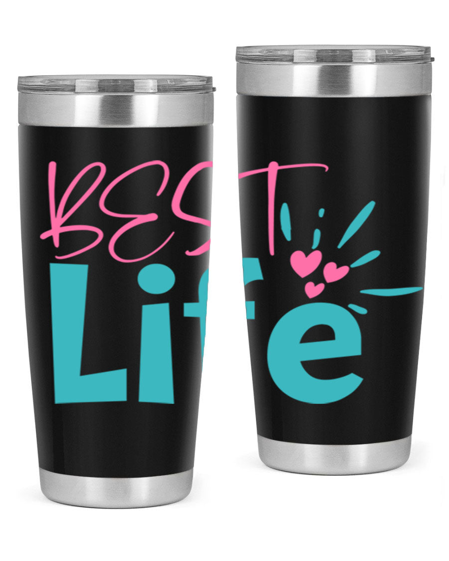 Best Life 355# Mom Tumbler in stainless steel with a vibrant design, showcasing its double wall vacuum insulation and drink-thru lid.