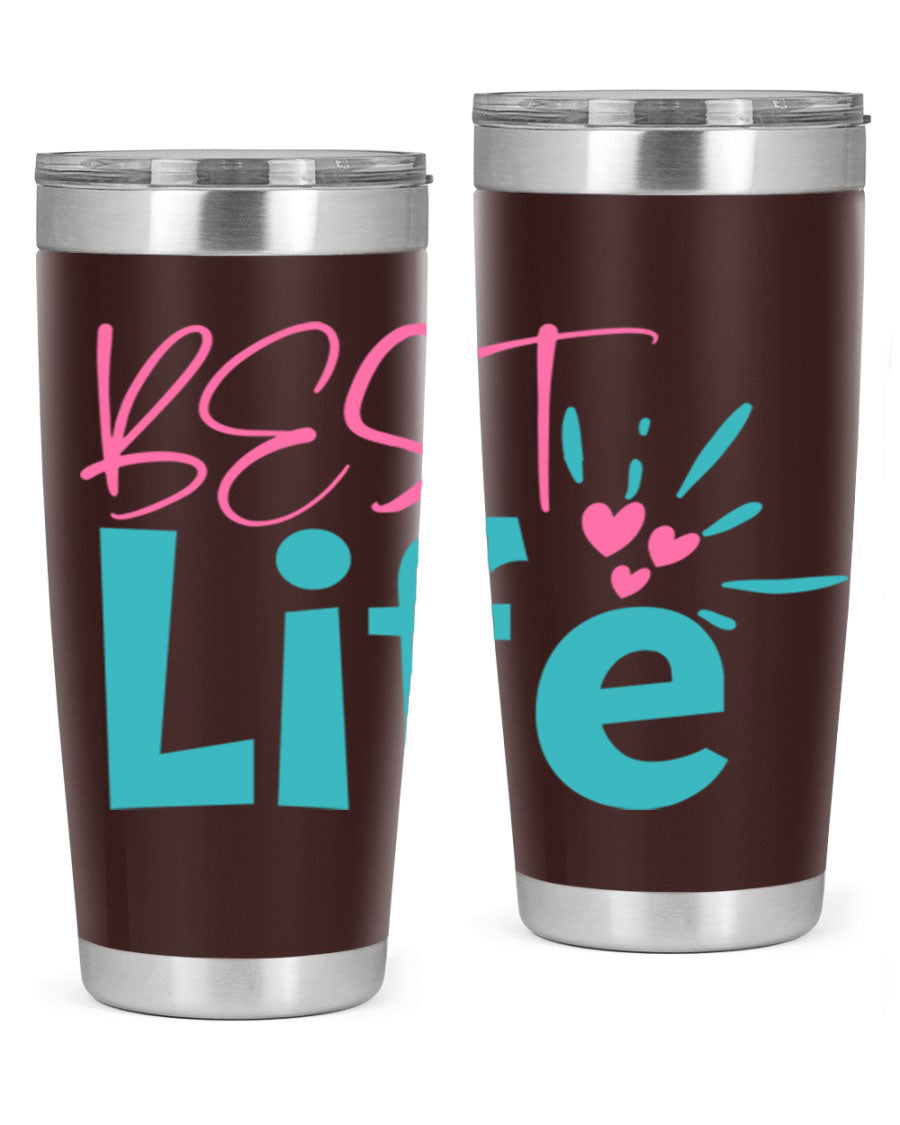 Best Life 355# Mom Tumbler in stainless steel with a vibrant design, showcasing its double wall vacuum insulation and drink-thru lid.