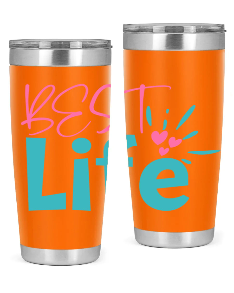 Best Life 355# Mom Tumbler in stainless steel with a vibrant design, showcasing its double wall vacuum insulation and drink-thru lid.