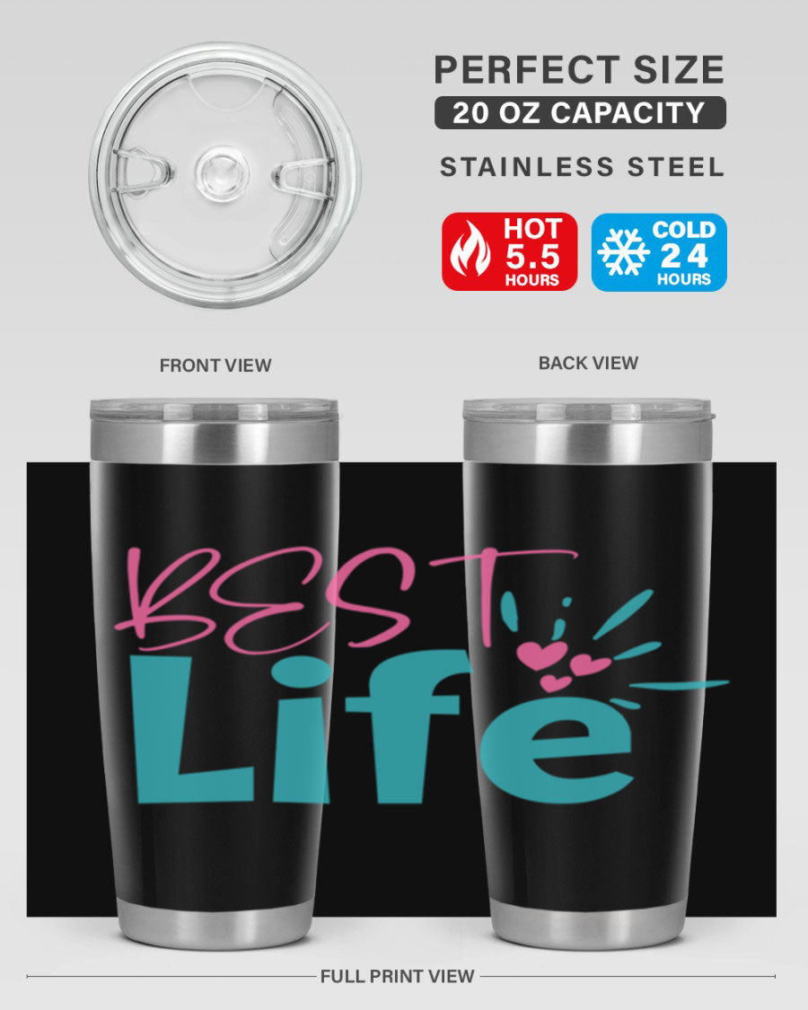 Best Life 355# Mom Tumbler in stainless steel with a vibrant design, showcasing its double wall vacuum insulation and drink-thru lid.