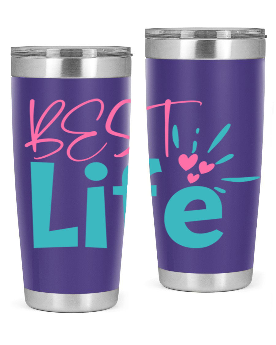 Best Life 355# Mom Tumbler in stainless steel with a vibrant design, showcasing its double wall vacuum insulation and drink-thru lid.