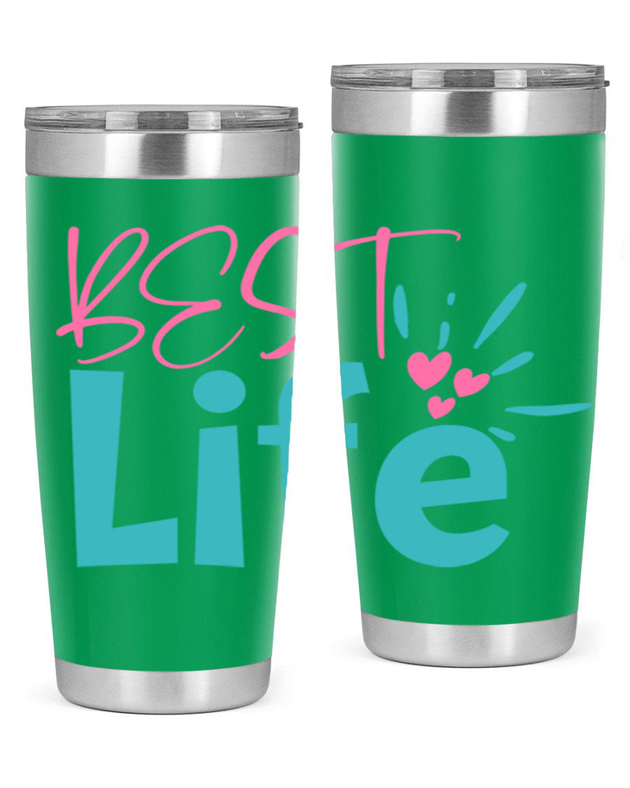 Best Life 355# Mom Tumbler in stainless steel with a vibrant design, showcasing its double wall vacuum insulation and drink-thru lid.