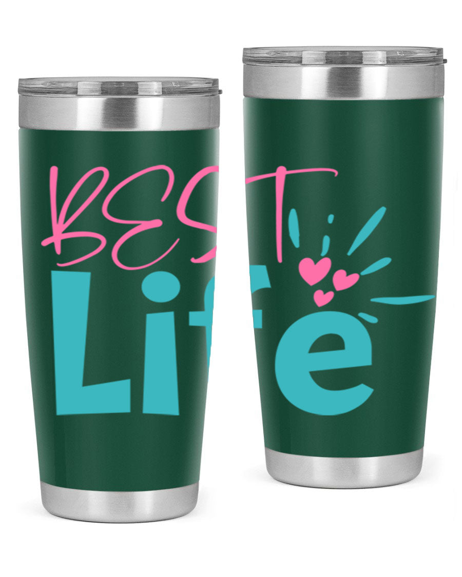 Best Life 355# Mom Tumbler in stainless steel with a vibrant design, showcasing its double wall vacuum insulation and drink-thru lid.