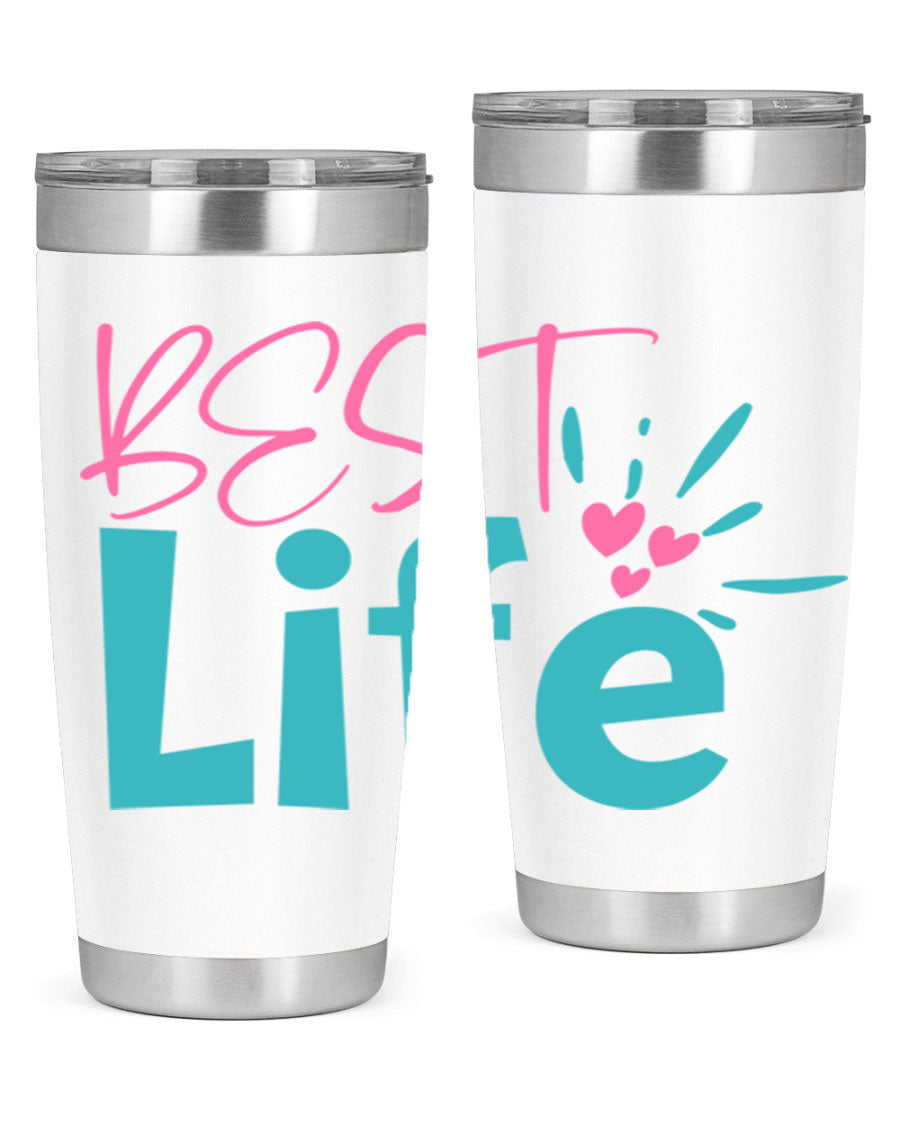 Best Life 355# Mom Tumbler in stainless steel with a vibrant design, showcasing its double wall vacuum insulation and drink-thru lid.