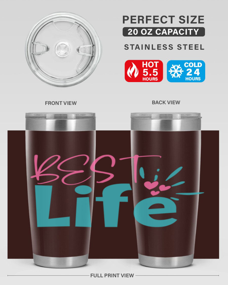 Best Life 355# Mom Tumbler in stainless steel with a vibrant design, showcasing its double wall vacuum insulation and drink-thru lid.