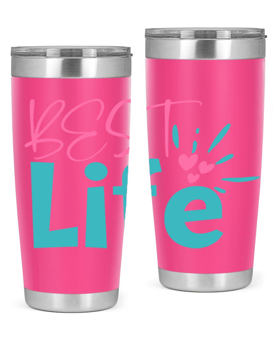 Best Life 355# Mom Tumbler in stainless steel with a vibrant design, showcasing its double wall vacuum insulation and drink-thru lid.