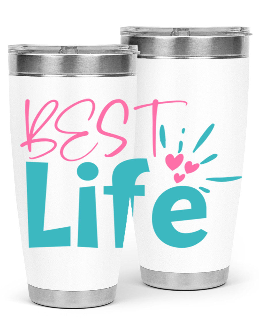 Best Life 355# Mom Tumbler in stainless steel with a vibrant design, showcasing its double wall vacuum insulation and drink-thru lid.