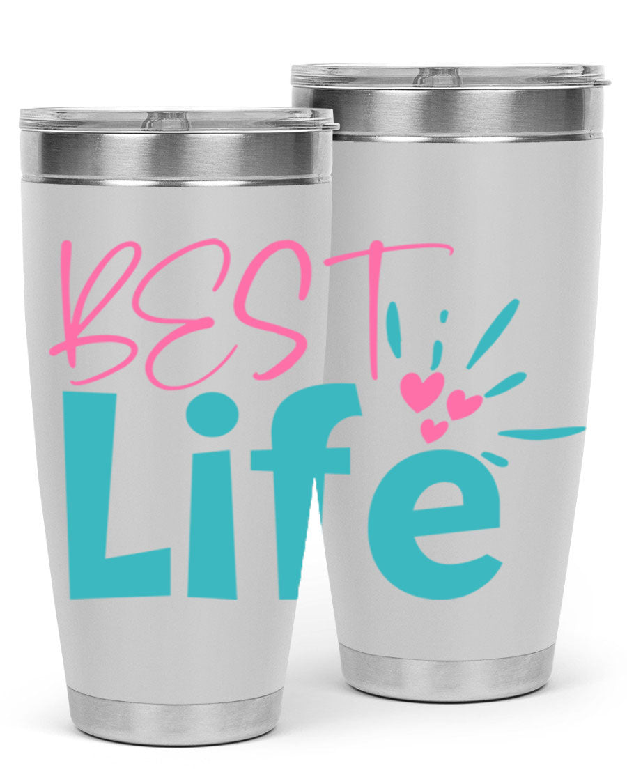 Best Life 355# Mom Tumbler in stainless steel with a vibrant design, showcasing its double wall vacuum insulation and drink-thru lid.