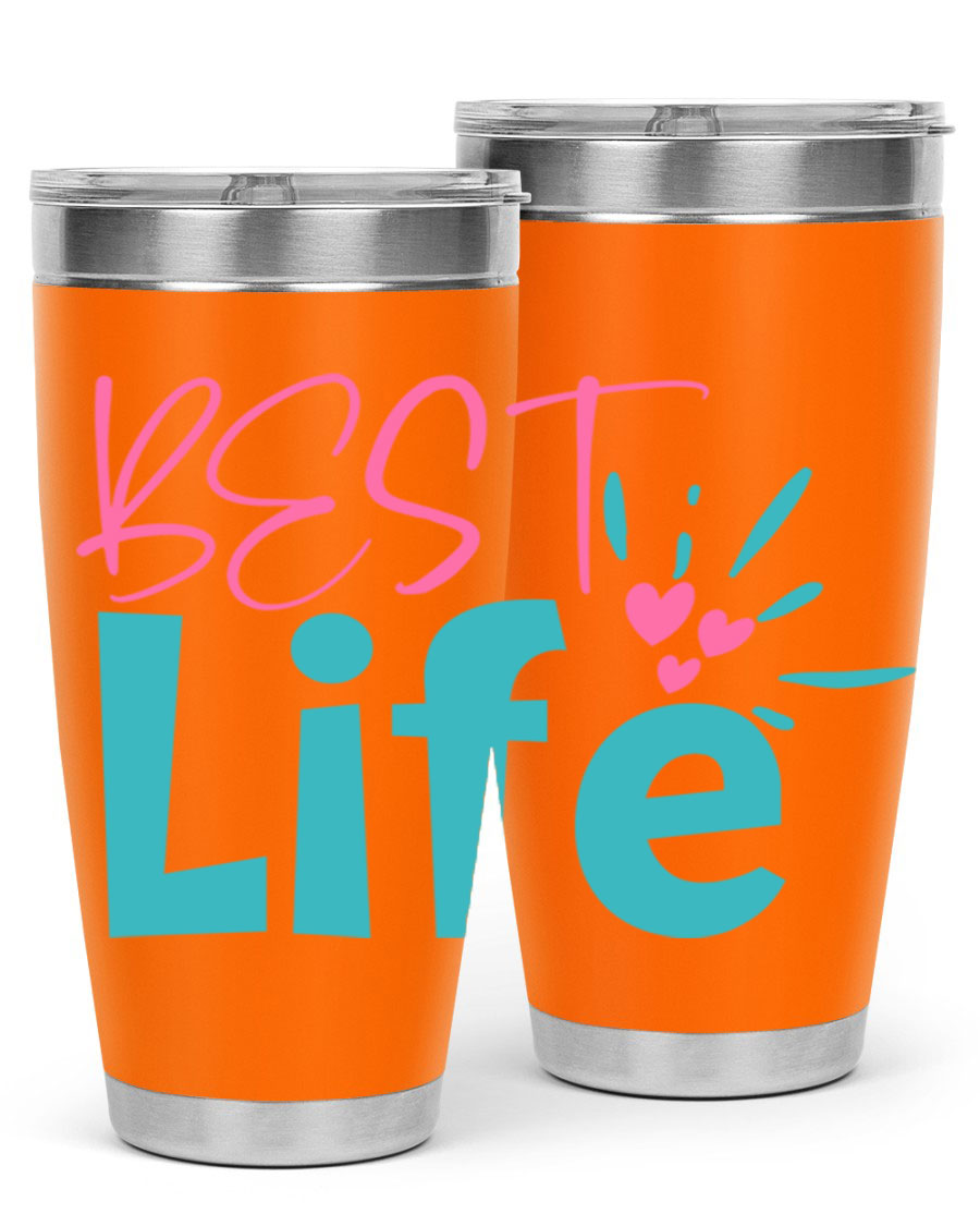 Best Life 355# Mom Tumbler in stainless steel with a vibrant design, showcasing its double wall vacuum insulation and drink-thru lid.