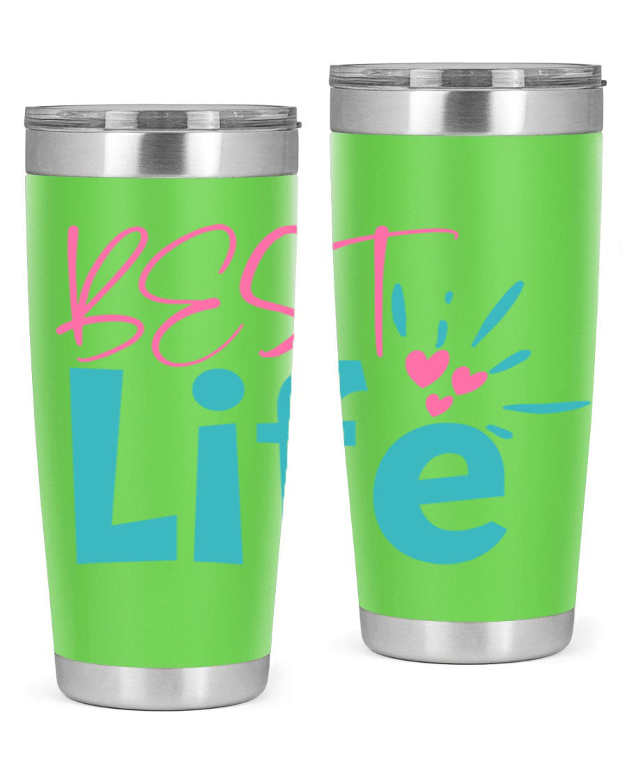 Best Life 355# Mom Tumbler in stainless steel with a vibrant design, showcasing its double wall vacuum insulation and drink-thru lid.