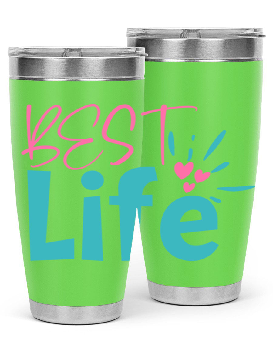 Best Life 355# Mom Tumbler in stainless steel with a vibrant design, showcasing its double wall vacuum insulation and drink-thru lid.