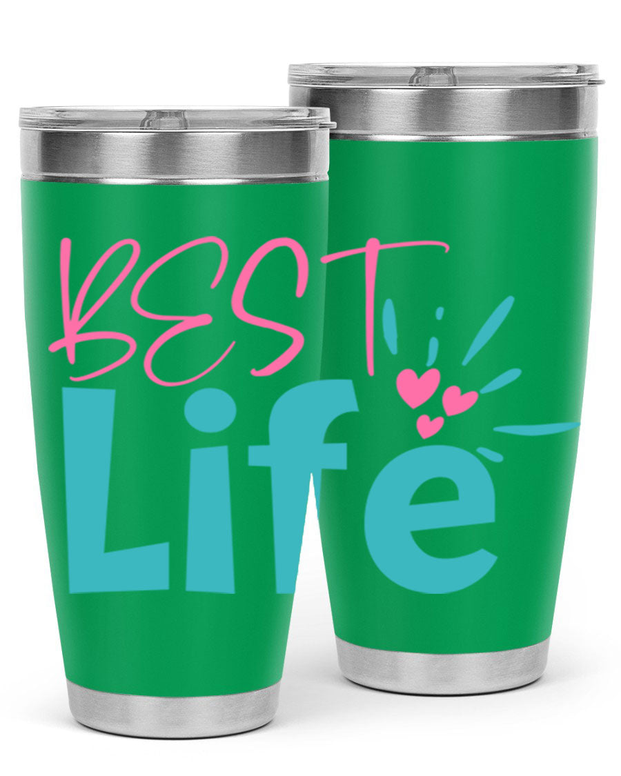 Best Life 355# Mom Tumbler in stainless steel with a vibrant design, showcasing its double wall vacuum insulation and drink-thru lid.