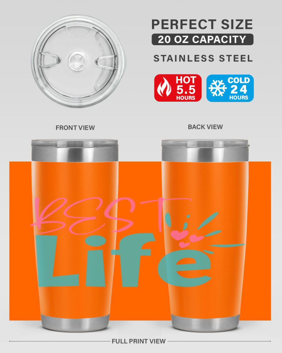 Best Life 355# Mom Tumbler in stainless steel with a vibrant design, showcasing its double wall vacuum insulation and drink-thru lid.