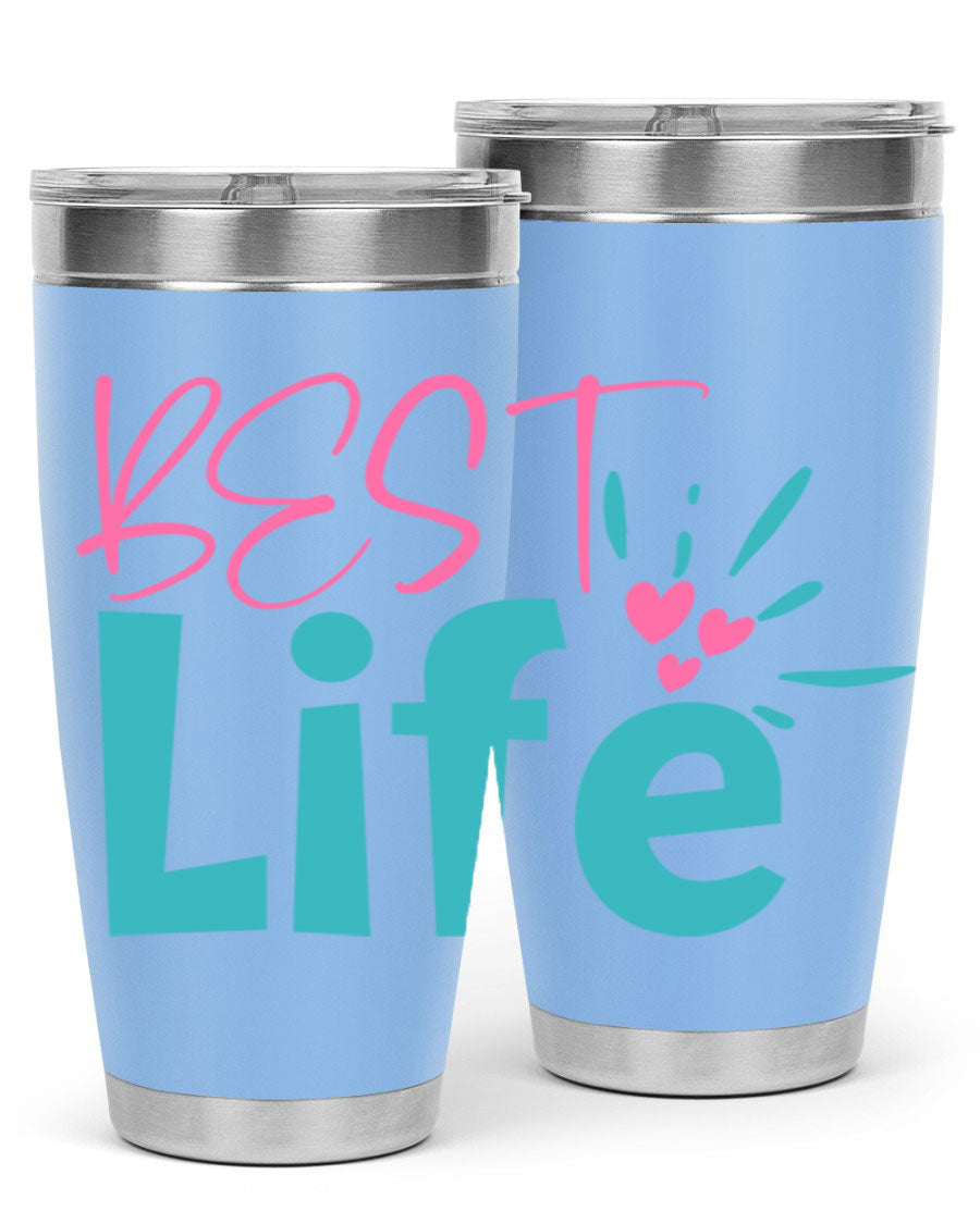 Best Life 355# Mom Tumbler in stainless steel with a vibrant design, showcasing its double wall vacuum insulation and drink-thru lid.