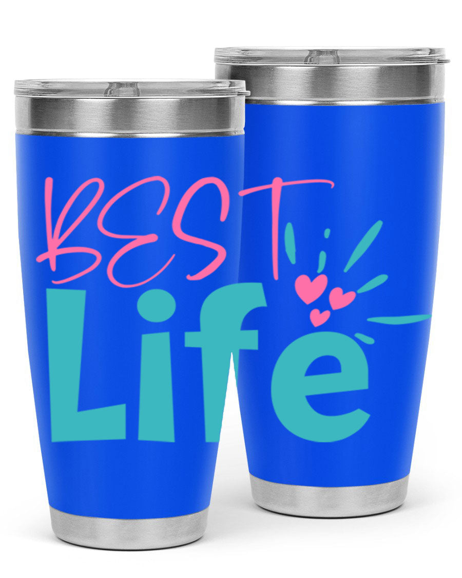 Best Life 355# Mom Tumbler in stainless steel with a vibrant design, showcasing its double wall vacuum insulation and drink-thru lid.