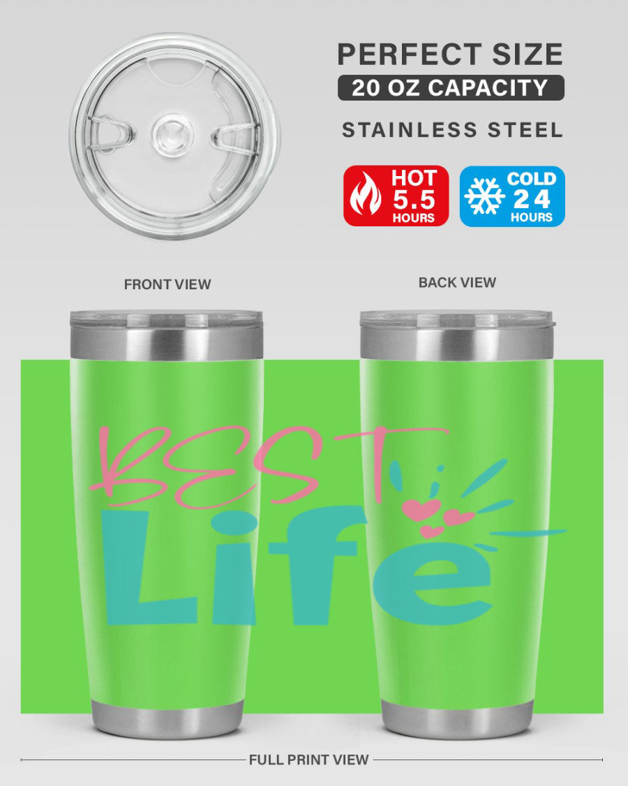 Best Life 355# Mom Tumbler in stainless steel with a vibrant design, showcasing its double wall vacuum insulation and drink-thru lid.