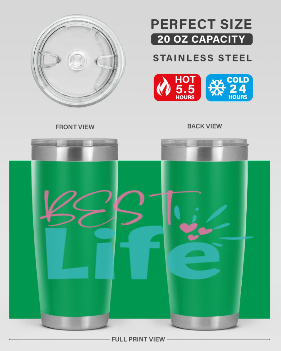 Best Life 355# Mom Tumbler in stainless steel with a vibrant design, showcasing its double wall vacuum insulation and drink-thru lid.