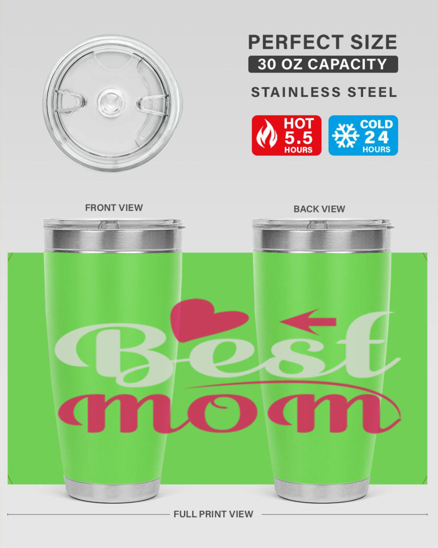 Best mom 201# tumbler in stainless steel with a drink-thru lid, showcasing its sleek design and vibrant print.