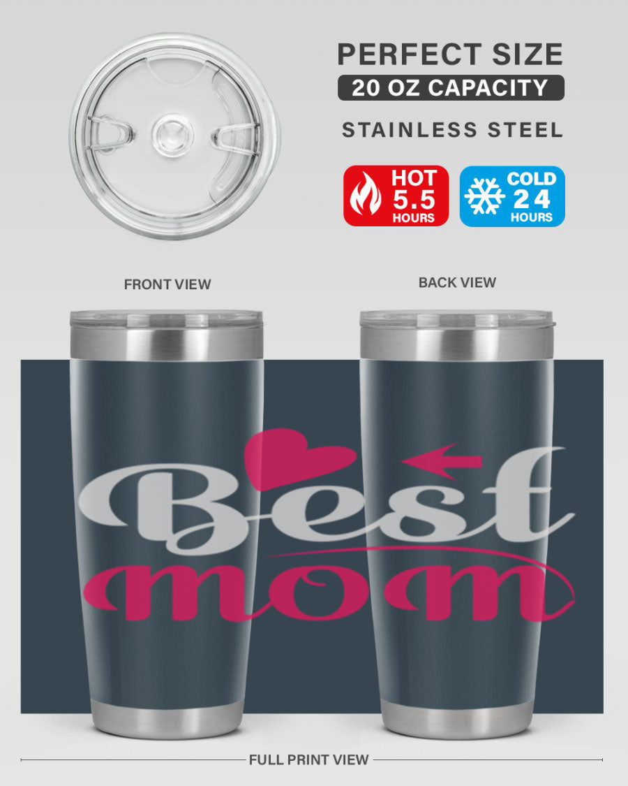 Best mom 201# tumbler in stainless steel with a drink-thru lid, showcasing its sleek design and vibrant print.