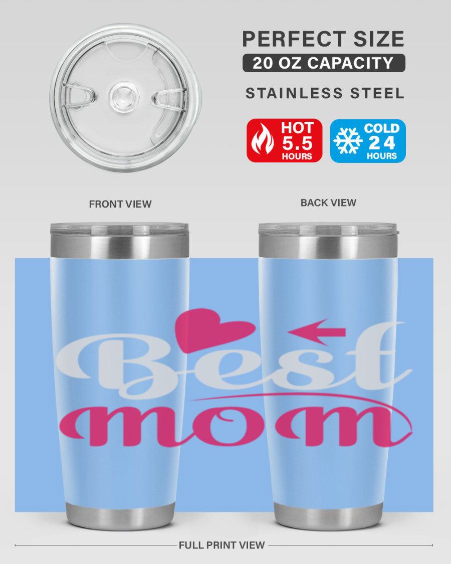 Best mom 201# tumbler in stainless steel with a drink-thru lid, showcasing its sleek design and vibrant print.