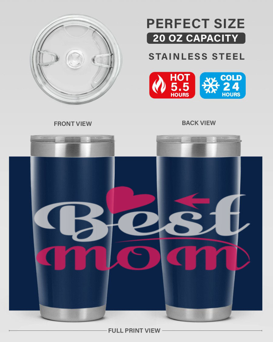 Best mom 201# tumbler in stainless steel with a drink-thru lid, showcasing its sleek design and vibrant print.