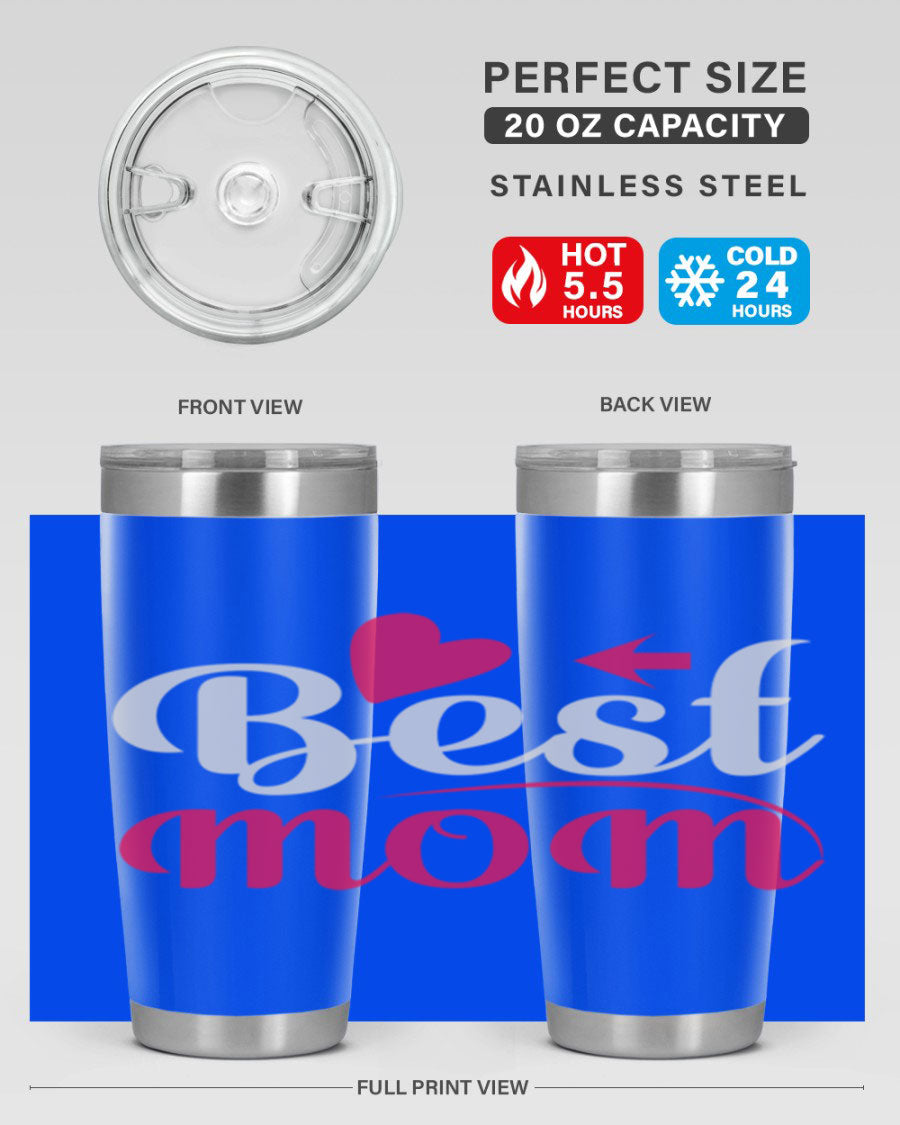 Best mom 201# tumbler in stainless steel with a drink-thru lid, showcasing its sleek design and vibrant print.