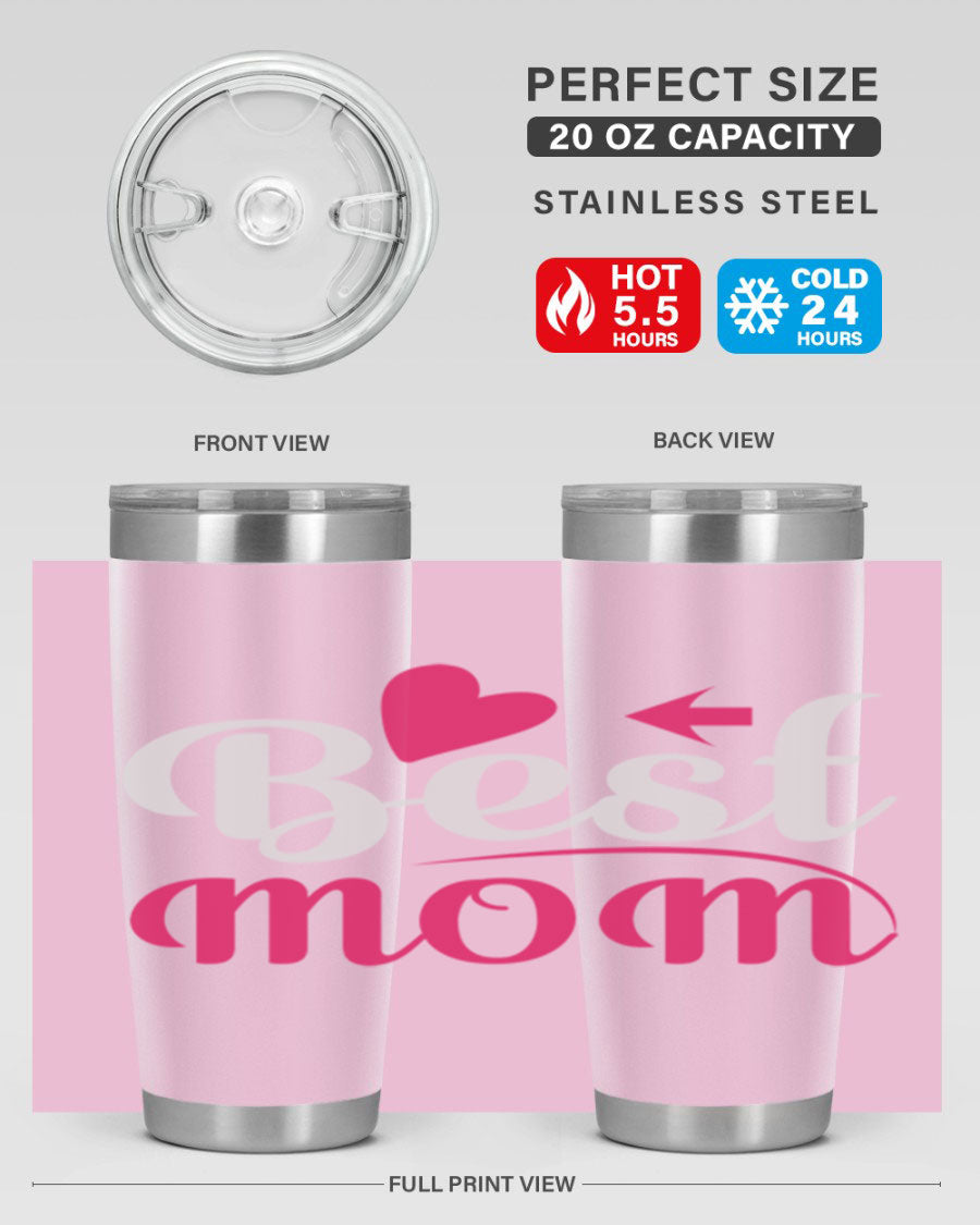 Best mom 201# tumbler in stainless steel with a drink-thru lid, showcasing its sleek design and vibrant print.