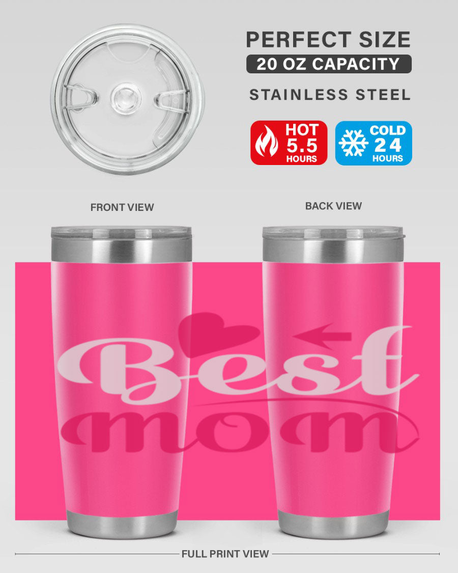 Best mom 201# tumbler in stainless steel with a drink-thru lid, showcasing its sleek design and vibrant print.