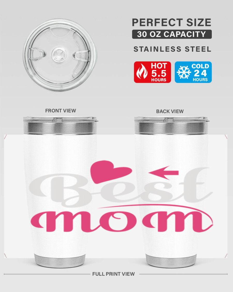 Best mom 201# tumbler in stainless steel with a drink-thru lid, showcasing its sleek design and vibrant print.