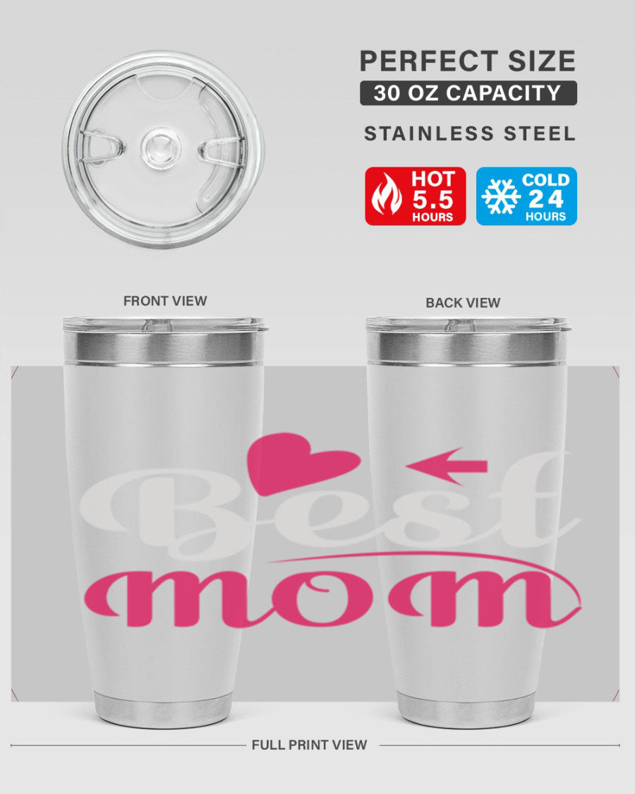 Best mom 201# tumbler in stainless steel with a drink-thru lid, showcasing its sleek design and vibrant print.