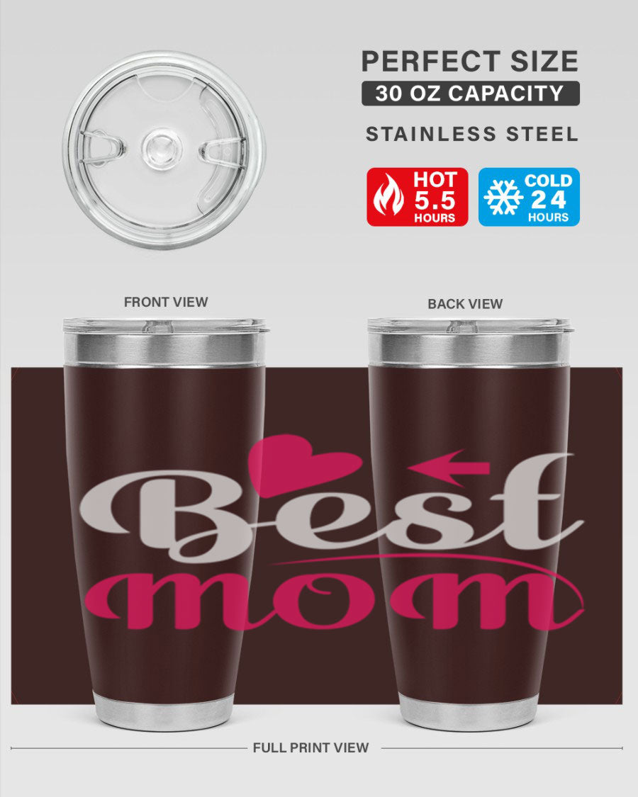 Best mom 201# tumbler in stainless steel with a drink-thru lid, showcasing its sleek design and vibrant print.