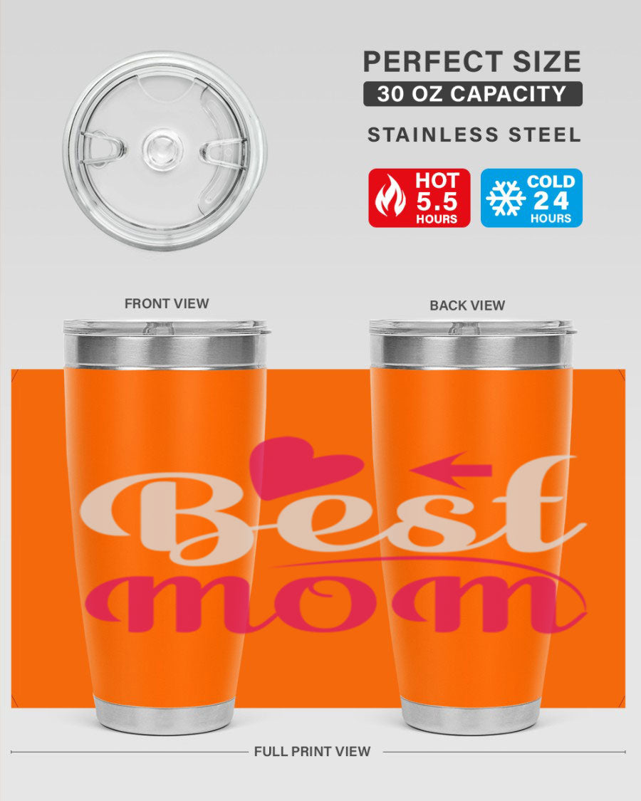 Best mom 201# tumbler in stainless steel with a drink-thru lid, showcasing its sleek design and vibrant print.