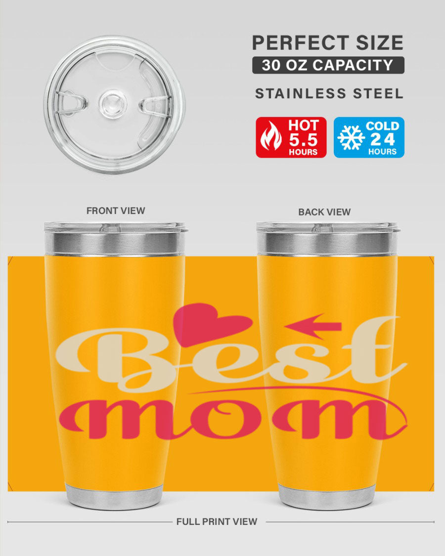 Best mom 201# tumbler in stainless steel with a drink-thru lid, showcasing its sleek design and vibrant print.