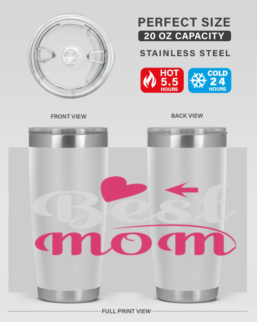 Best mom 201# tumbler in stainless steel with a drink-thru lid, showcasing its sleek design and vibrant print.