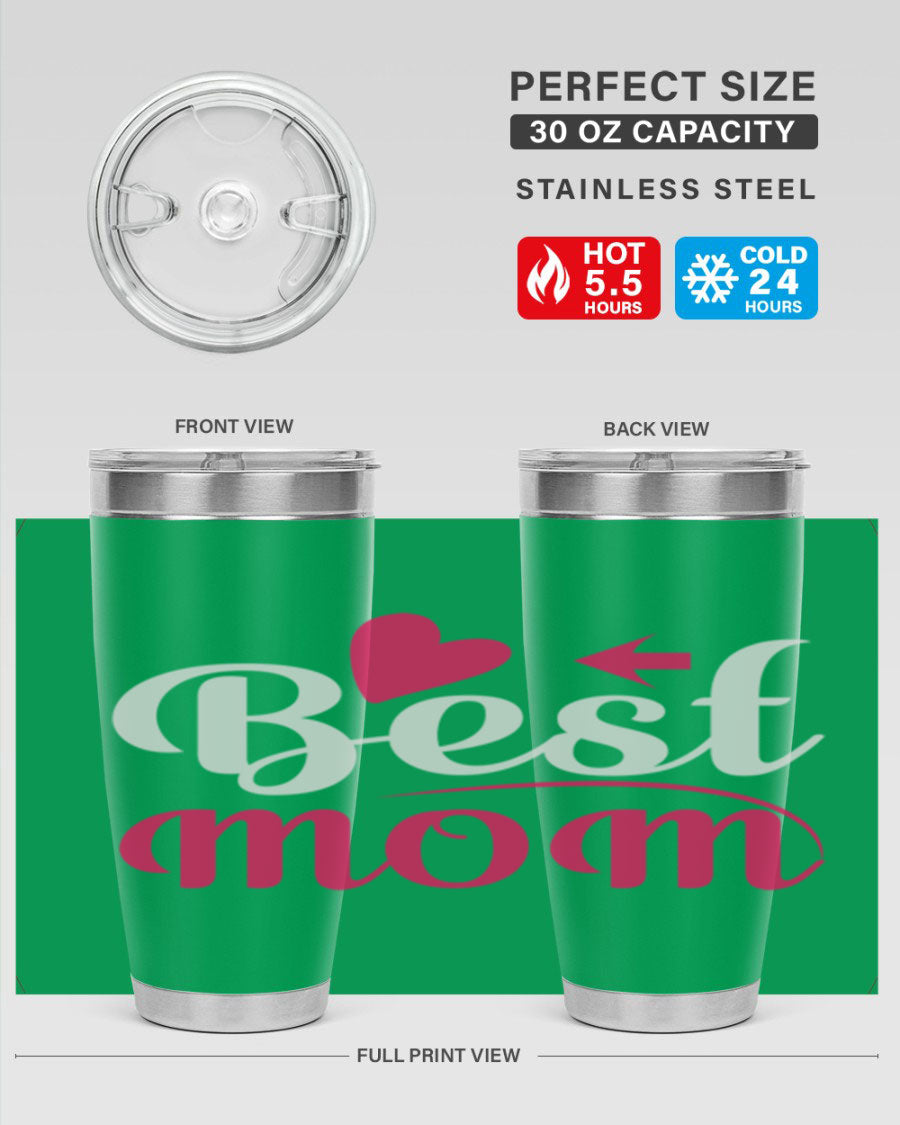 Best mom 201# tumbler in stainless steel with a drink-thru lid, showcasing its sleek design and vibrant print.