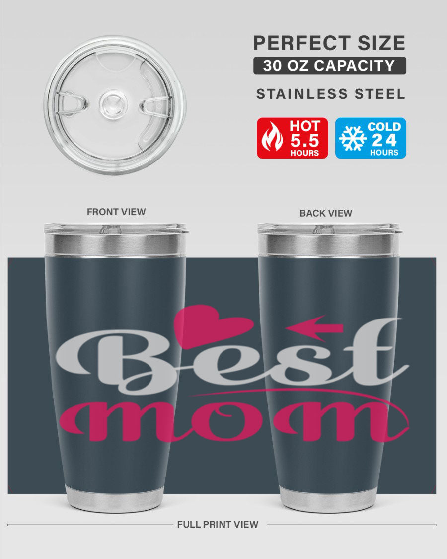 Best mom 201# tumbler in stainless steel with a drink-thru lid, showcasing its sleek design and vibrant print.