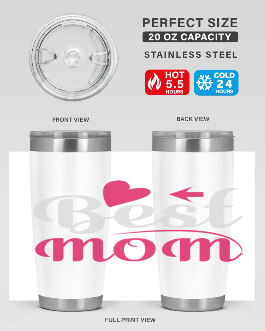 Best mom 201# tumbler in stainless steel with a drink-thru lid, showcasing its sleek design and vibrant print.