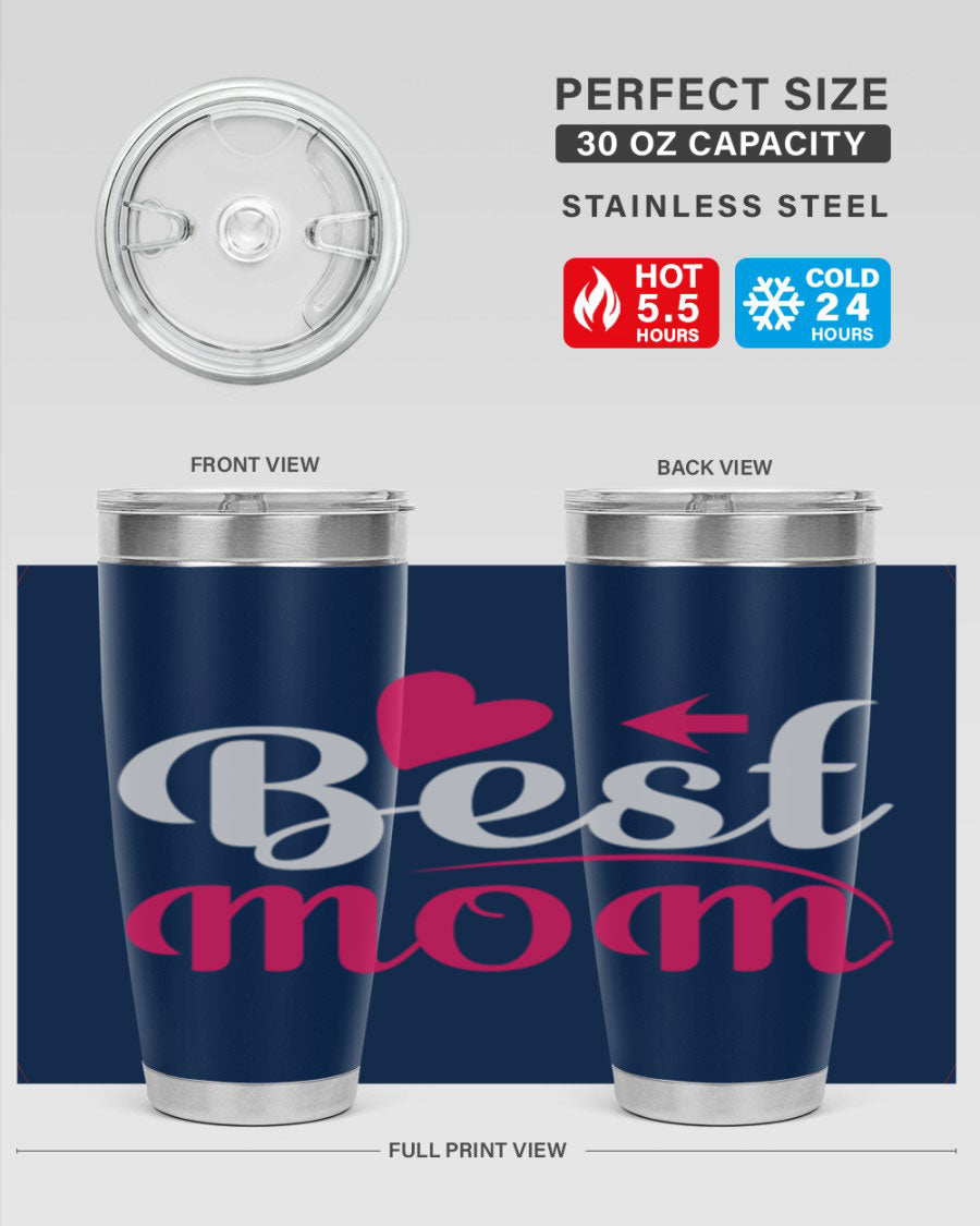 Best mom 201# tumbler in stainless steel with a drink-thru lid, showcasing its sleek design and vibrant print.