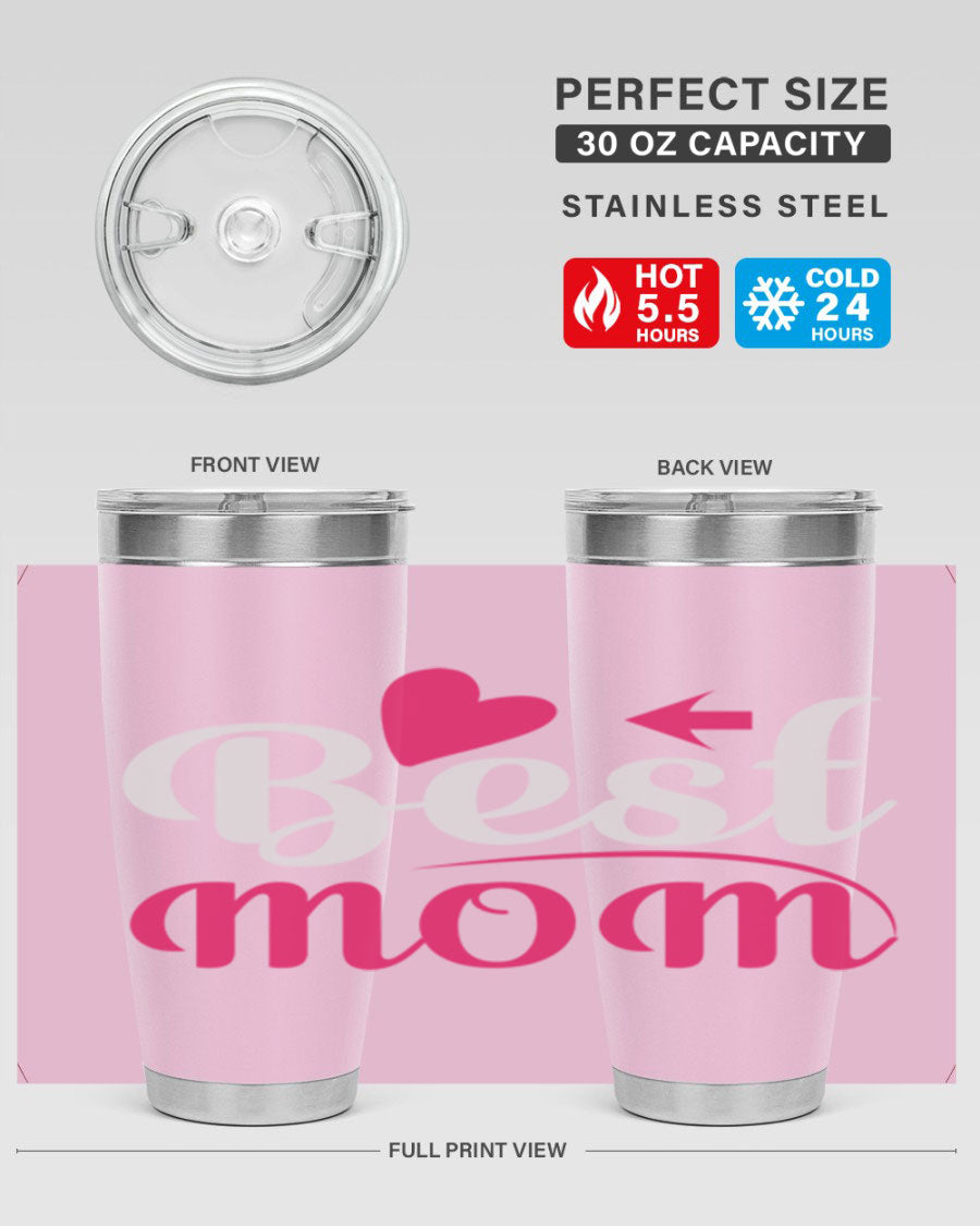 Best mom 201# tumbler in stainless steel with a drink-thru lid, showcasing its sleek design and vibrant print.